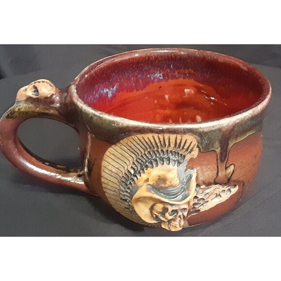 Skull "Morning Courage" Strong Medicine Coffee Mug Handmade Studio Pottery 16 oz - Picture 4 of 11